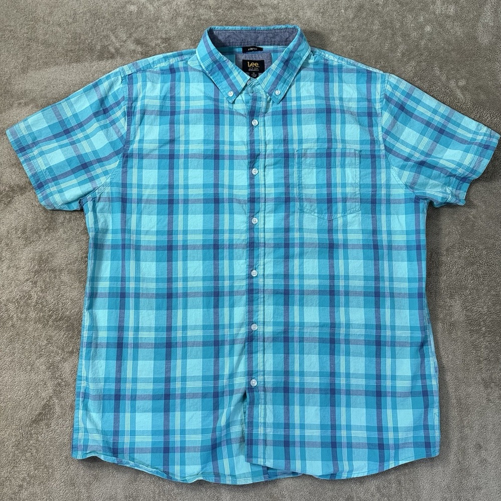 Lee Size XL Stretch Regular Button Down Casual Shirt Short Sleeve Aqua Blue